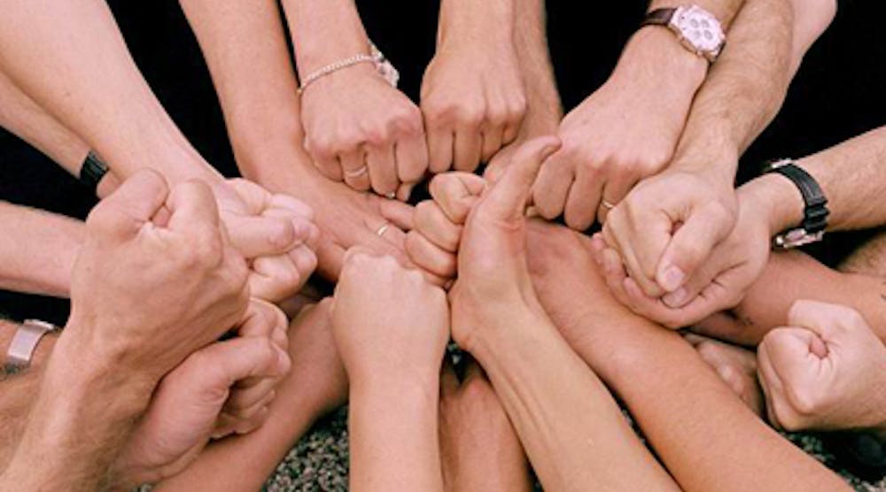 Huddle with hands