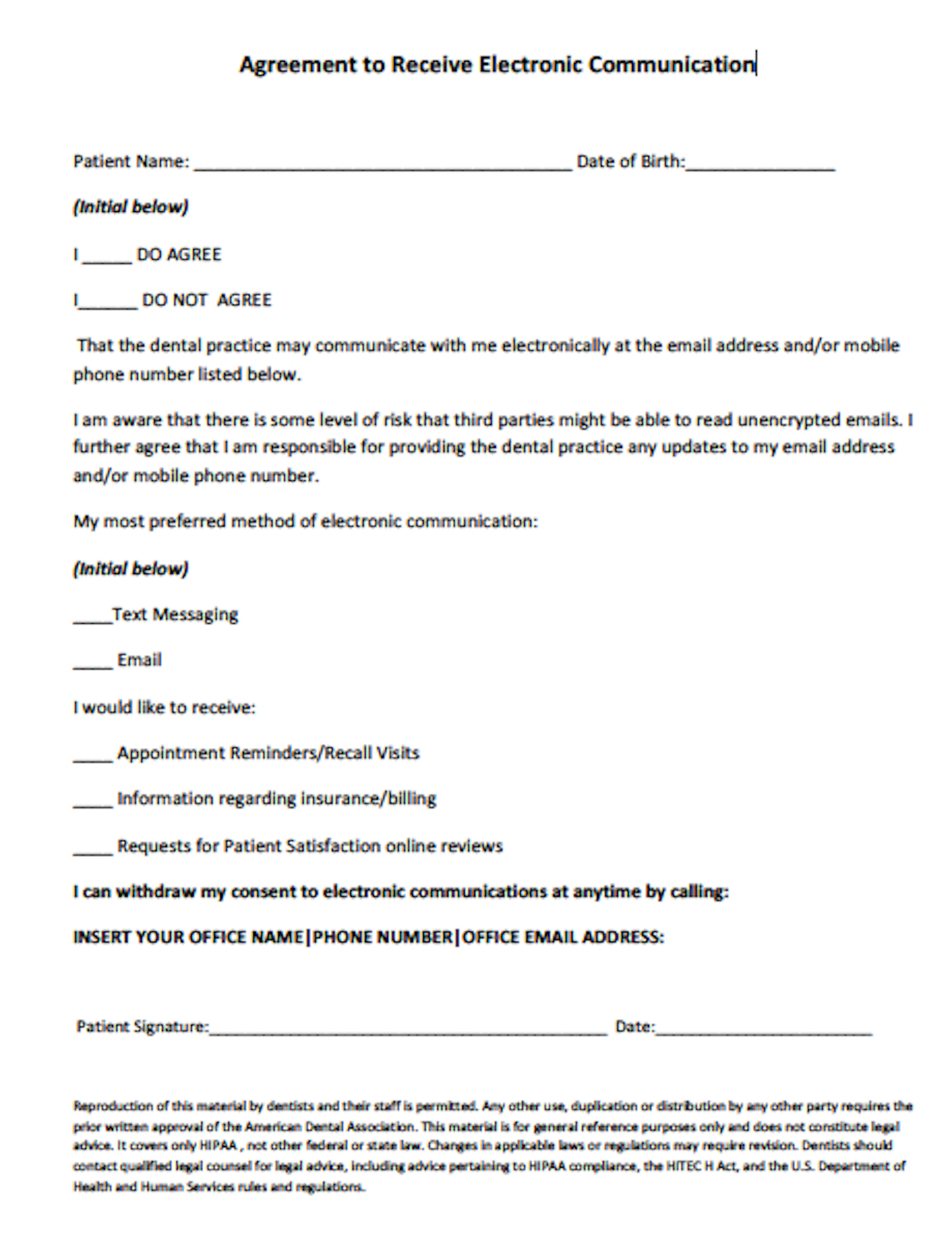 Downloadable Dental Form Agreement To Receive Electronic