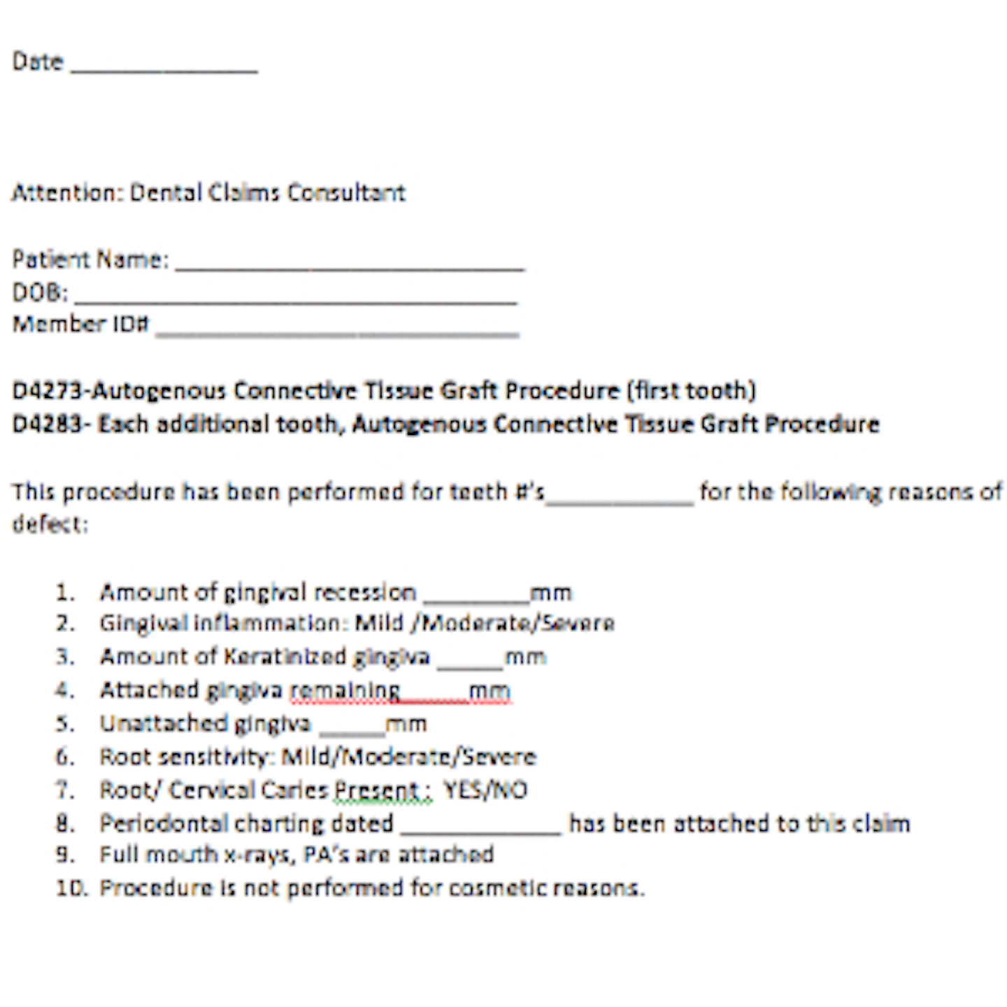 Downloadable Dental Form Ada Code D4273 Autogenous