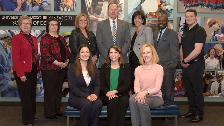 Back row left to right: Dr. Marsha Pyle, dean of UMKC School of Dentistry; Ms. Debora Bridges, Paradise Dental Technologies; Ms. Eileen Emery, administrator, CRET Innovation Centers operations manager; Mr. Jeff Thibadeau, A-dec; Ms. Susan Ferrante, A-dec; Mr. Jeff Primos, director, business administration UMKC School of Dentistry; Mr. Jared Cohen, DMG America. Front row left to right: Mrs. Mia Cassell, executive director of CRET; Dr. Kelly Suchman, Director of Dr. Charles Dunlap Innovation Center for Research and Education in Technology; Dr. Linda Wells, associate dean for clinical programs, UMKC School of Dentistry.