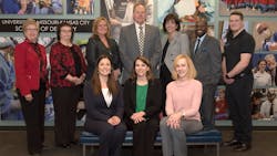 Back row left to right: Dr. Marsha Pyle, dean of UMKC School of Dentistry; Ms. Debora Bridges, Paradise Dental Technologies; Ms. Eileen Emery, administrator, CRET Innovation Centers operations manager; Mr. Jeff Thibadeau, A-dec; Ms. Susan Ferrante, A-dec; Mr. Jeff Primos, director, business administration UMKC School of Dentistry; Mr. Jared Cohen, DMG America. Front row left to right: Mrs. Mia Cassell, executive director of CRET; Dr. Kelly Suchman, Director of Dr. Charles Dunlap Innovation Center for Research and Education in Technology; Dr. Linda Wells, associate dean for clinical programs, UMKC School of Dentistry. Back row left to right: Dr. Marsha Pyle, dean of UMKC School of Dentistry; Ms. Debora Bridges, Paradise Dental Technologies; Ms. Eileen Emery, administrator, CRET Innovation Centers operations manager; Mr. Jeff Thibadeau, A-dec; Ms. Susan Ferrante, A-dec; Mr. Jeff Primos, director, business administration UMKC School of Dentistry; Mr. Jared Cohen, DMG America. Front row left to right: Mrs. Mia Cassell, executive director of CRET; Dr. Kelly Suchman, Director of Dr. Charles Dunlap Innovation Center for Research and Education in Technology; Dr. Linda Wells, associate dean for clinical programs, UMKC School of Dentistry.