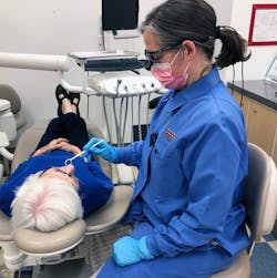 Traditional seating results creates a longer reach, requires a shallow declination angle, and does not support healthy neck, back, or lumbar postures. The clinician’s ear is anterior to the shoulder. The forward head position is consistent with protracted (rounded) shoulder positioning. Traditional seating results creates a longer reach, requires a shallow declination angle, and does not support healthy neck, back, or lumbar postures. The clinician’s ear is anterior to the shoulder. The forward head position is consistent with protracted (rounded) shoulder positioning.