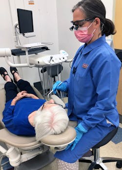 Saddle stools decrease the distance between clinician and patient. A shorter reach requires a steeper loupe declination angle. The relaxed upright posture maintains cervical and lumbar spinal curves. Saddle stools decrease the distance between clinician and patient. A shorter reach requires a steeper loupe declination angle. The relaxed upright posture maintains cervical and lumbar spinal curves.