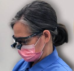 Loupes with an insufficient declination angle require the user to assume a more forward head position as well as a greater head tilt that increases neck flexion. Loupes with an insufficient declination angle require the user to assume a more forward head position as well as a greater head tilt that increases neck flexion.