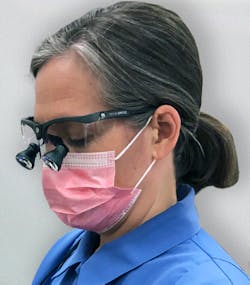 A correct declination angle allows for a more upright posture, reducing neck flexion and and minimizing a forward head position. The RDH EliteEdge temple arm is positioned with a steeper angle, increasing the declination angle by five degrees. Note the ear is positioned over the shoulder. A correct declination angle allows for a more upright posture, reducing neck flexion and and minimizing a forward head position. The RDH EliteEdge temple arm is positioned with a steeper angle, increasing the declination angle by five degrees. Note the ear is positioned over the shoulder.