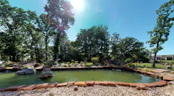 The koi pond located outside of the offices of Grove Dental Associates.