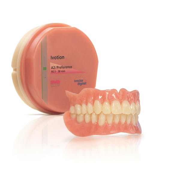 Ivotion is a new bicolor disc that allows customized complete dentures to be milled in one operation. (Click to enlarge.)