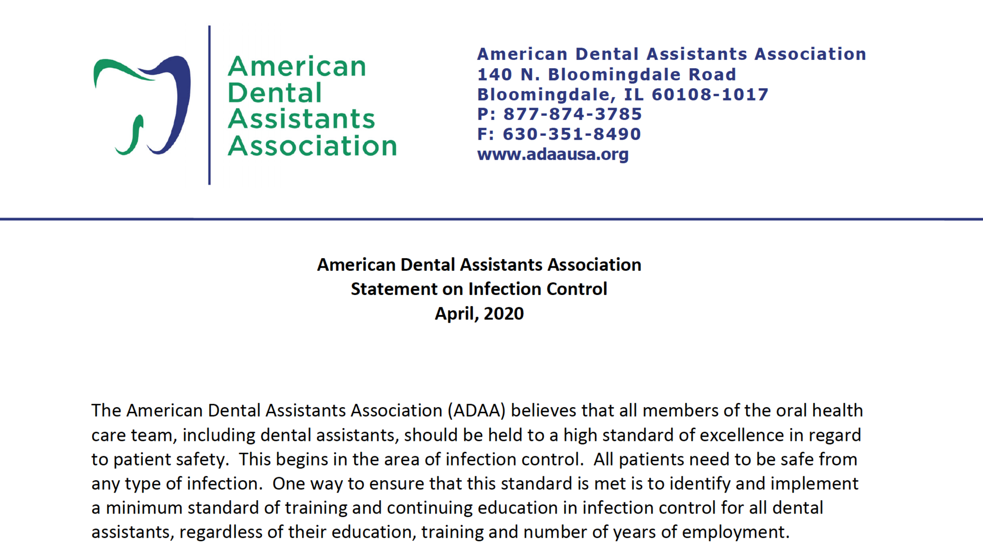 American Dental Assistants Association issues infection control statement Dentistry IQ