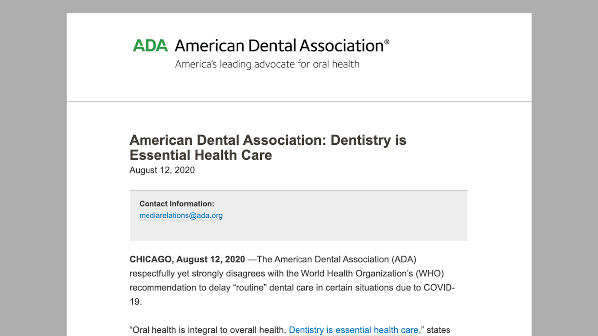 Ada Issues Response To Who Recommendation To Delay Nonessential Care Dentistryiq