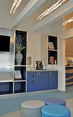 Waiting room view of the beverage bar and interesting lighting above Waiting room view of the beverage bar and interesting lighting above