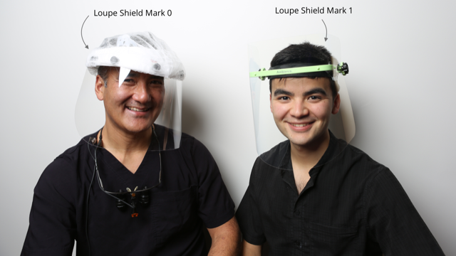 Dr. Scott Yamaoka models the first version, left, and his son, Zach Yamaoka, models the current version of their face shield.