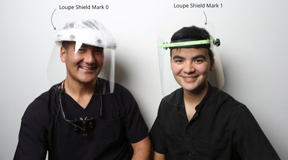 Dr. Scott Yamaoka models the first version, left, and his son, Zach Yamaoka, models the current version of their face shield.