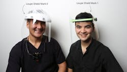 Dr. Scott Yamaoka models the first version, left, and his son, Zach Yamaoka, models the current version of their face shield. Dr. Scott Yamaoka models the first version, left, and his son, Zach Yamaoka, models the current version of their face shield.