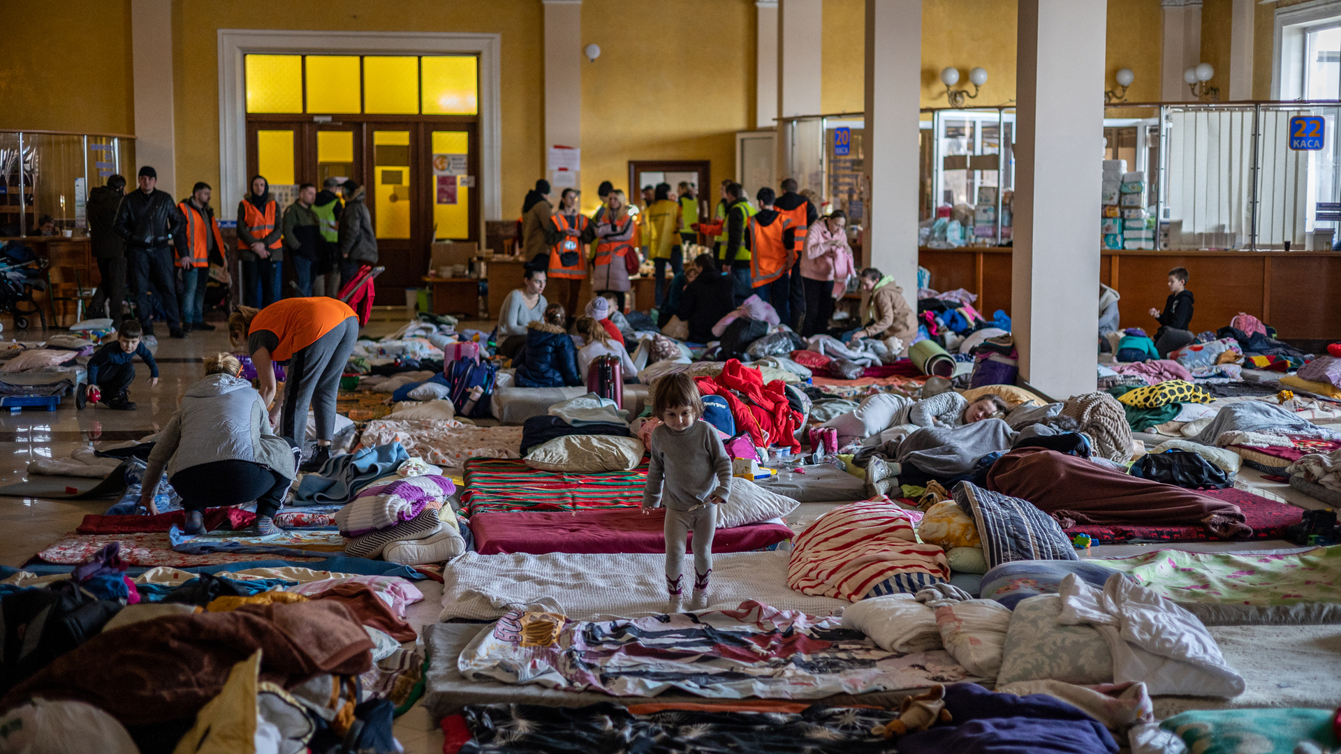 Ukrainian civilians shelter in a Lviv train station. Editorial photo dated March 12, 2022.