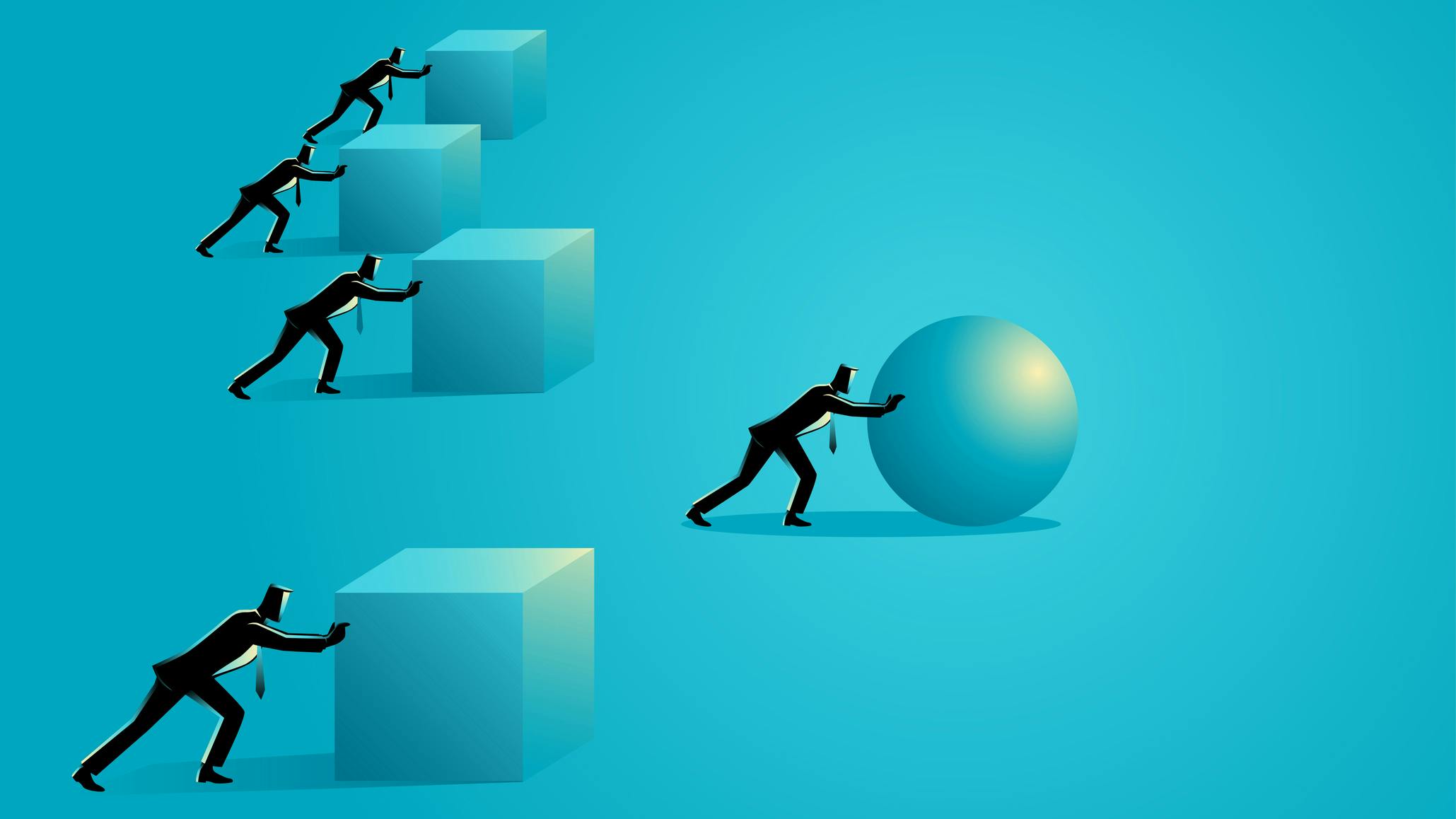 one figure pushing ahead of the others