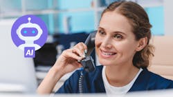 Woman on the phone with a robot AI icon to the side Woman on the phone with a robot AI icon to the side