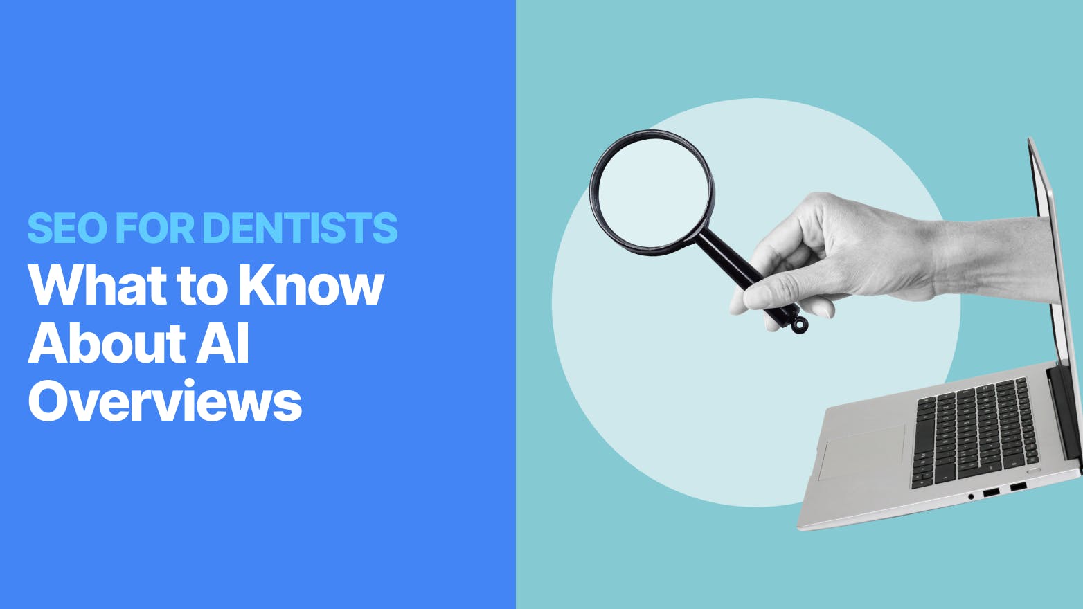 Hand with magnifying glass popping out of laptop screen