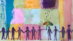 stick figures holding hands and holding an umbrella over one individual stick figures holding hands and holding an umbrella over one individual