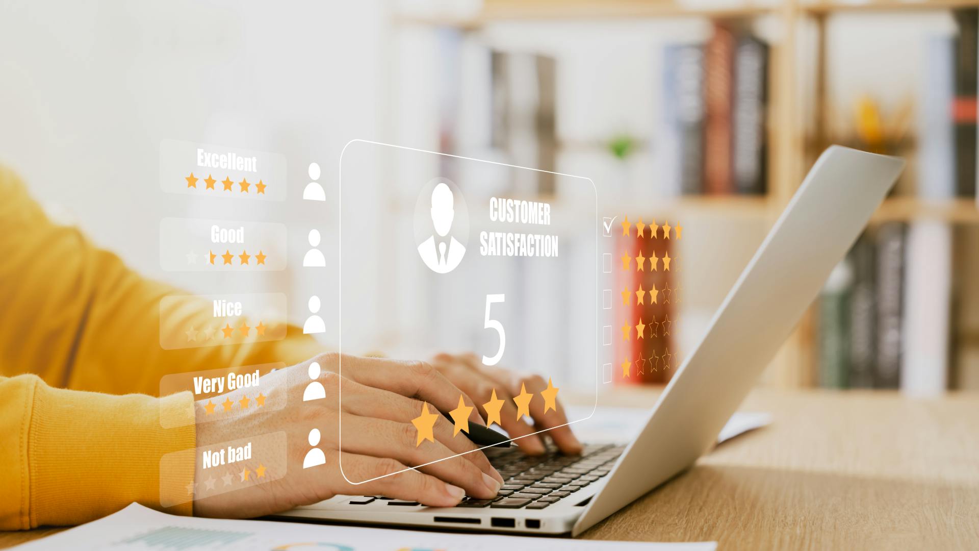 Hands at laptop with Google review graphics superimposed