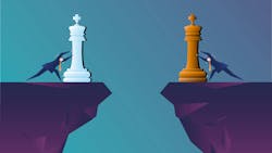 people on opposite ledges pushing chess pieces to the edge people on opposite ledges pushing chess pieces to the edge