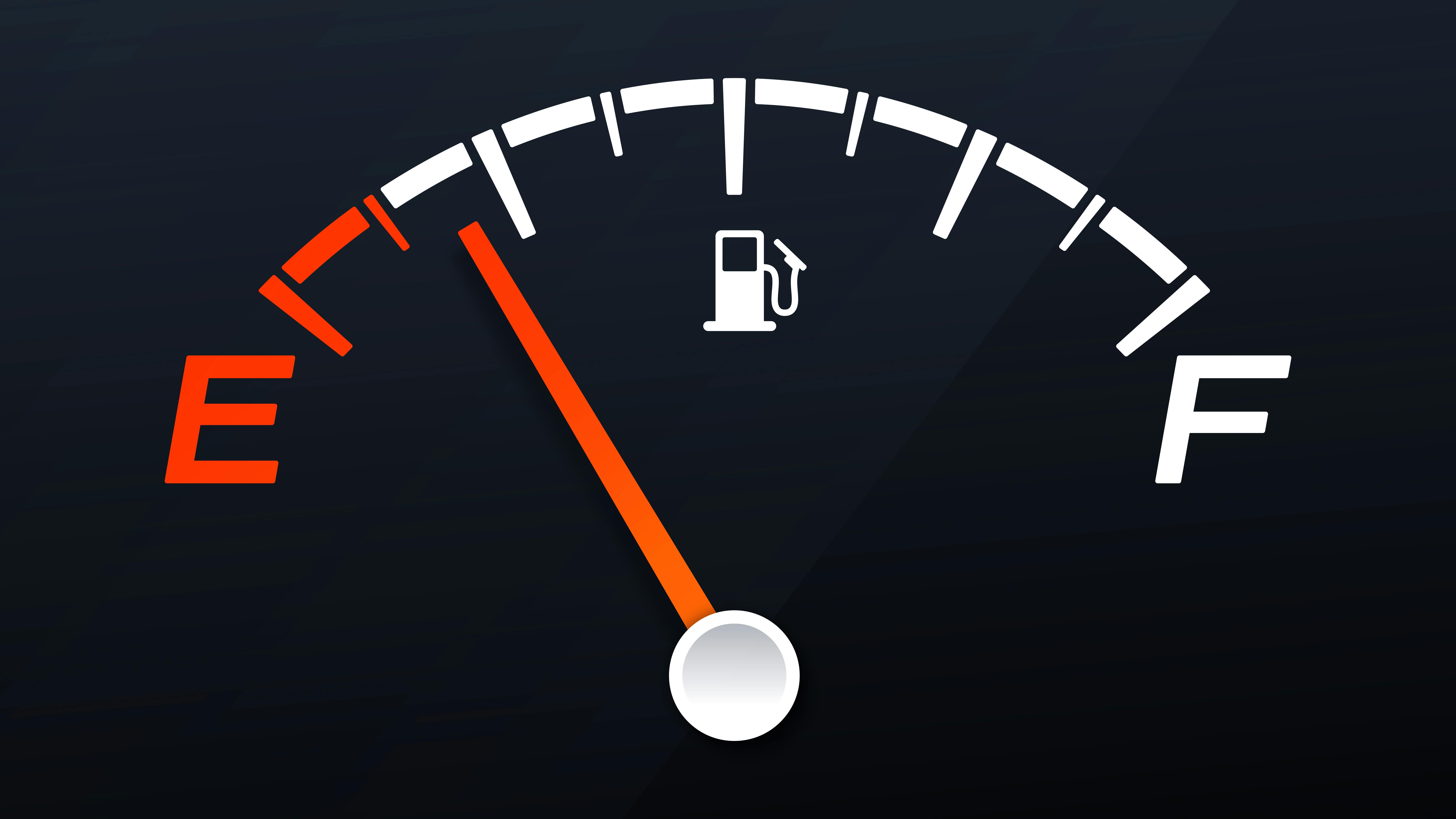 fuel gauge showing a reading of empty