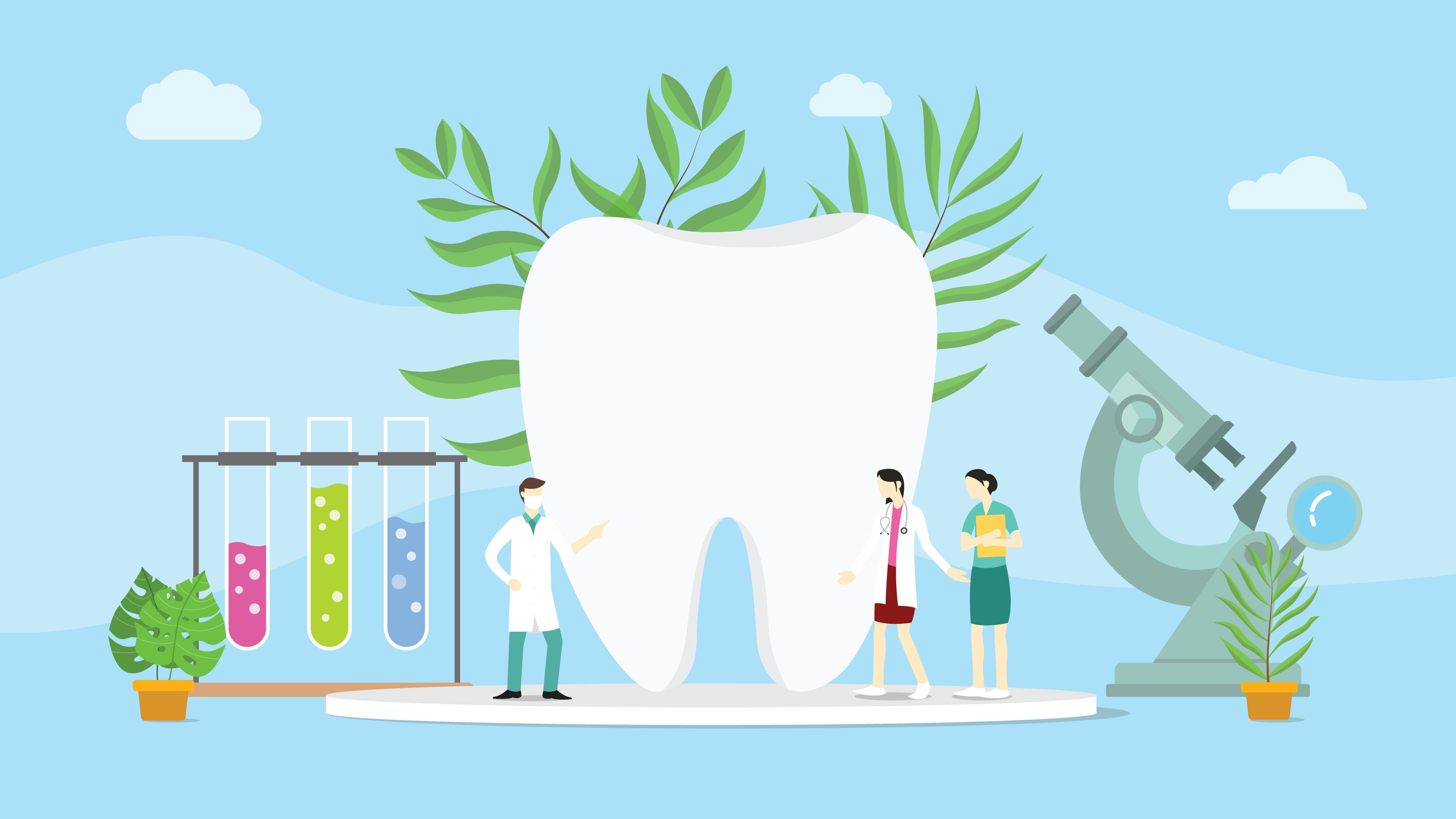illustration of 3 dental team members standing in front of a large tooth, microscope, and laboratory vials representing dental science