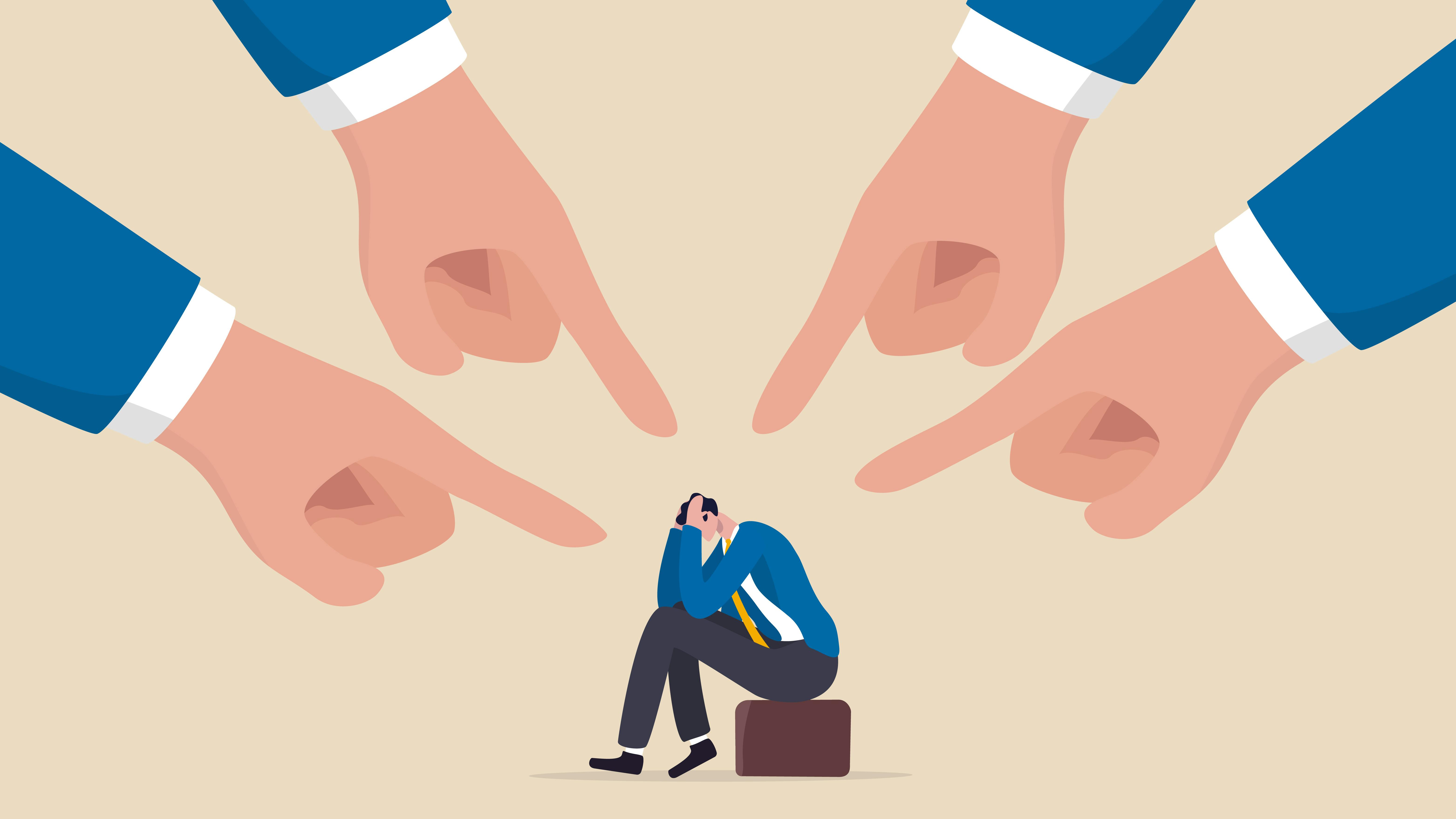illustration of lots of big fingers pointing at one individual sitting on a briefcase representing toxic workplaces