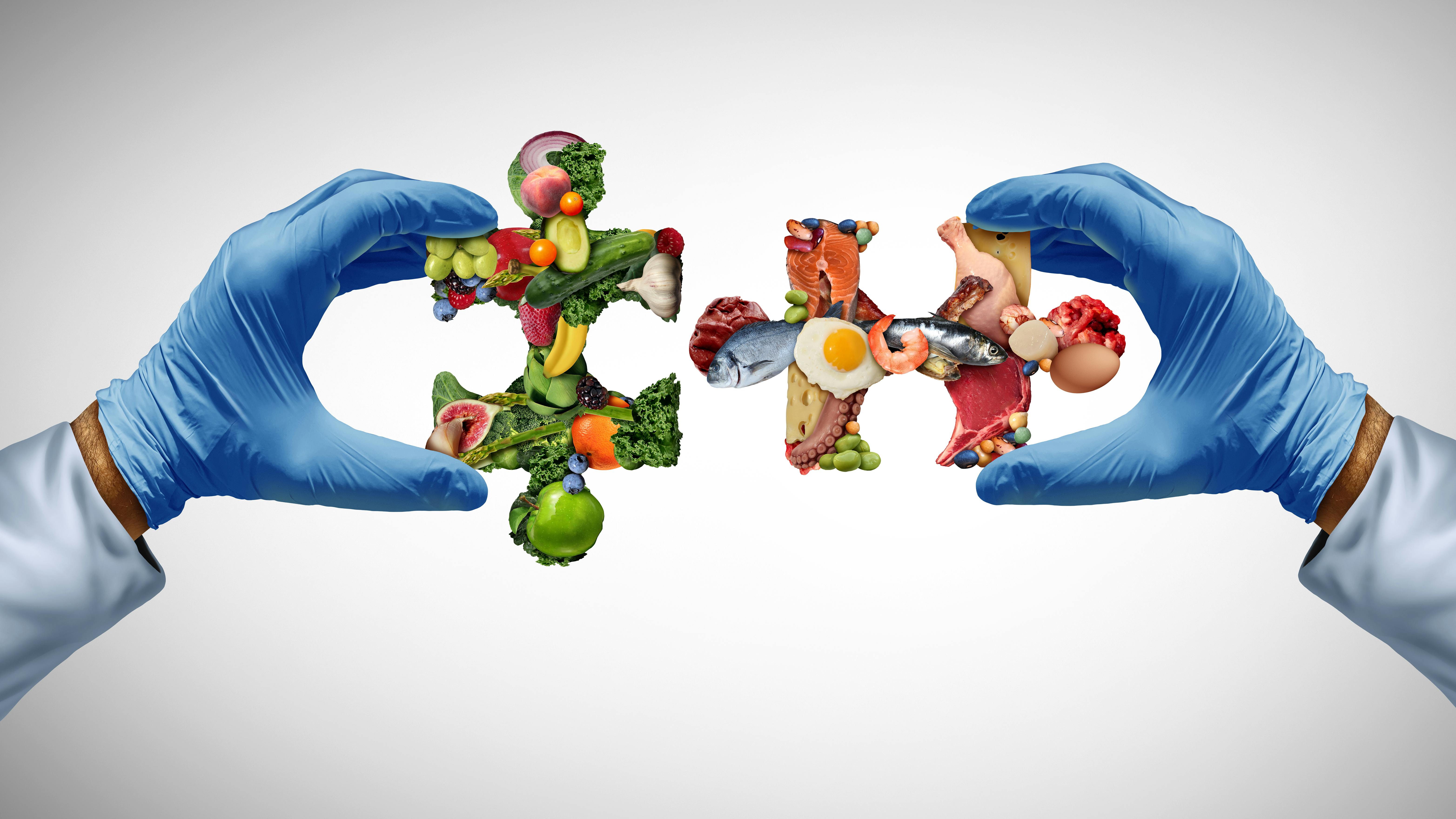two hands holding puzzle pieces that have healthy foods on them