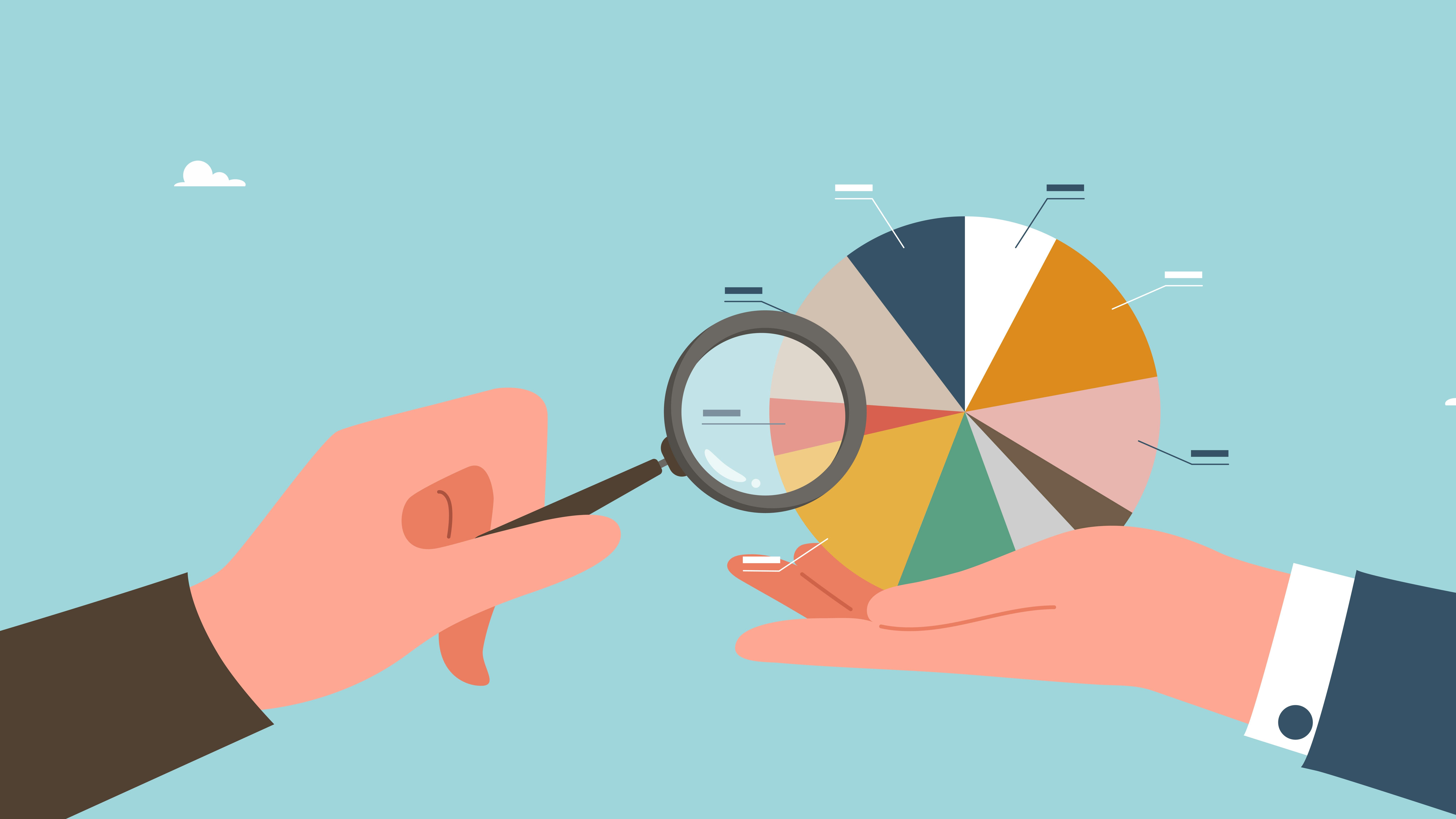 illustration of one outstretched hand holding a pie chart. Another hand is holding a magnifying glass up to the pie chair, symbolizing shared responsibility.