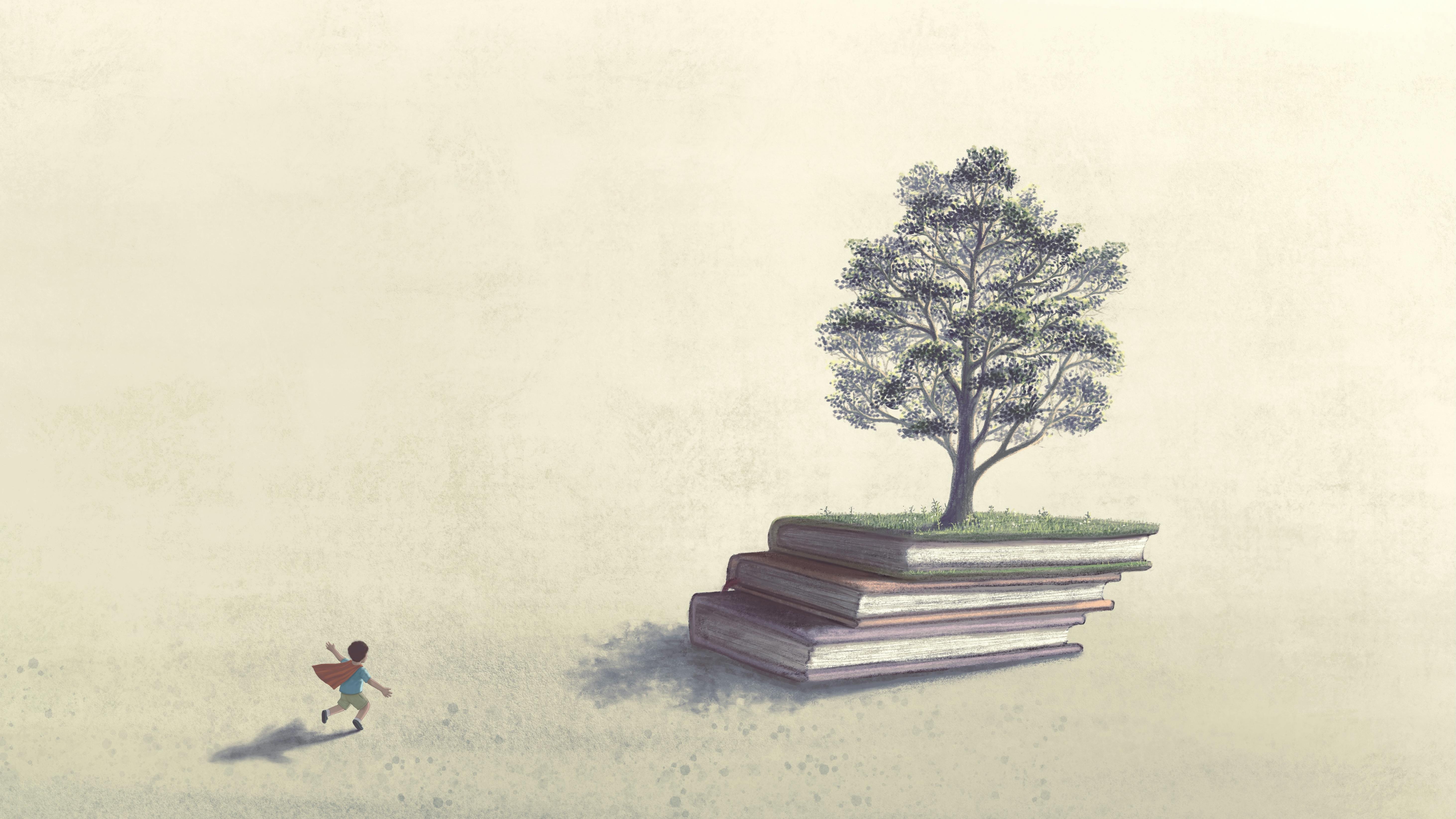 young child running toward a stack of books with a tree growing on top of them
