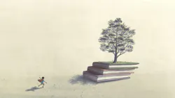 young child running toward a stack of books with a tree growing on top of them young child running toward a stack of books with a tree growing on top of them