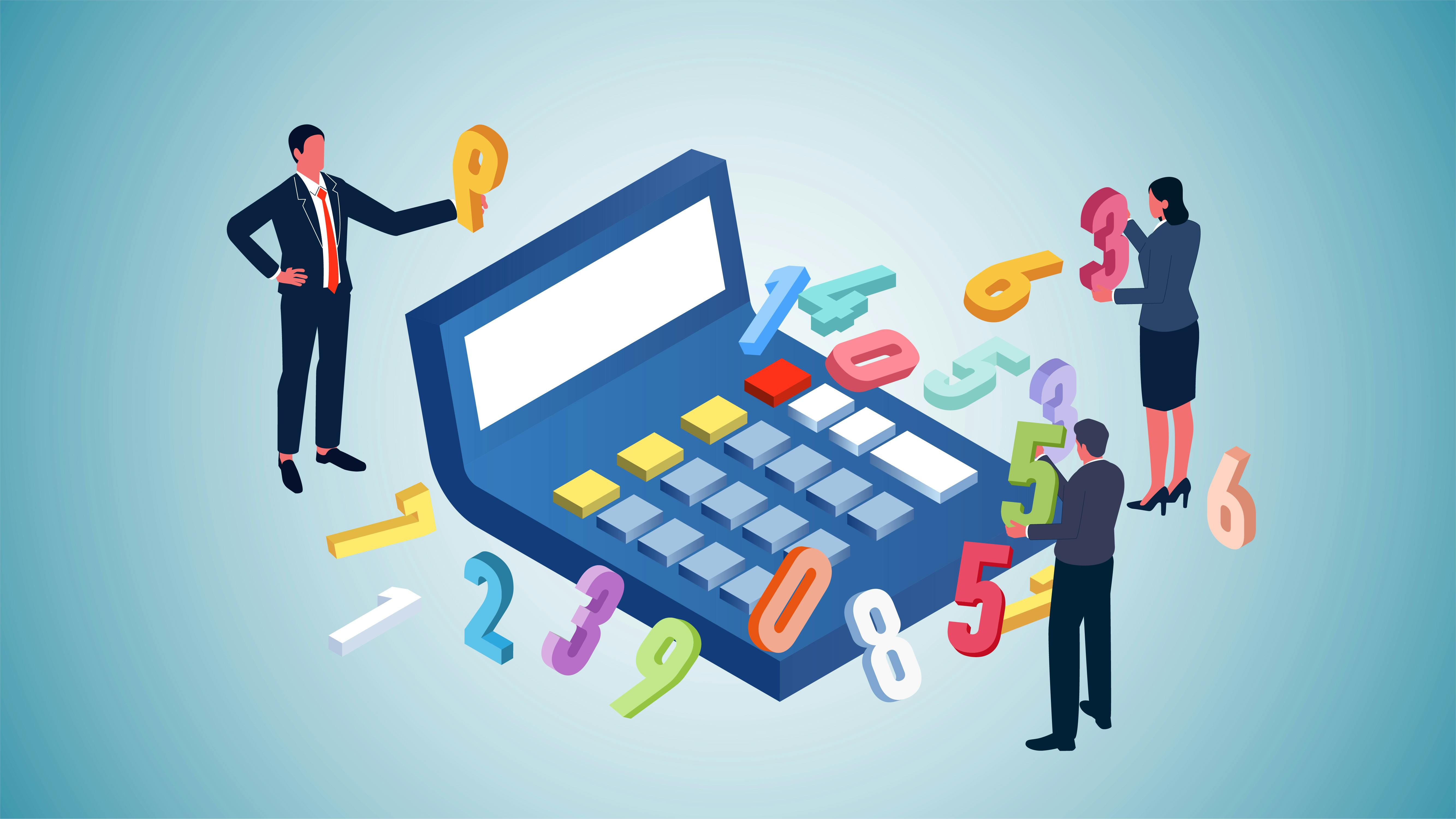 illustration of three people standing near a calculator holding big numbers