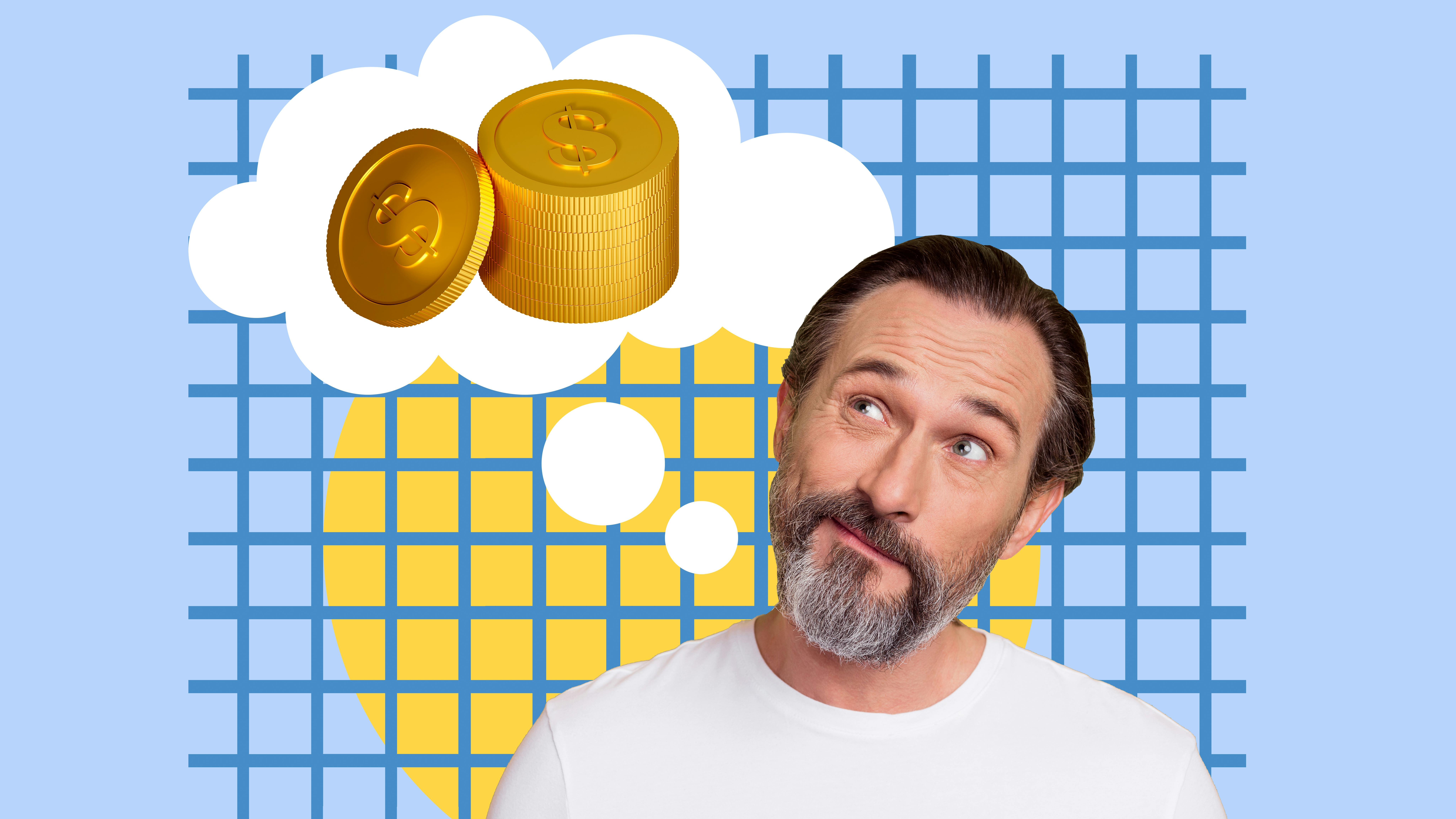 cartoonlike image of a man looking up at a voice balloon with coins in it