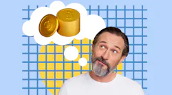 cartoonlike image of a man looking up at a voice balloon with coins in it