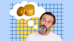cartoonlike image of a man looking up at a voice balloon with coins in it